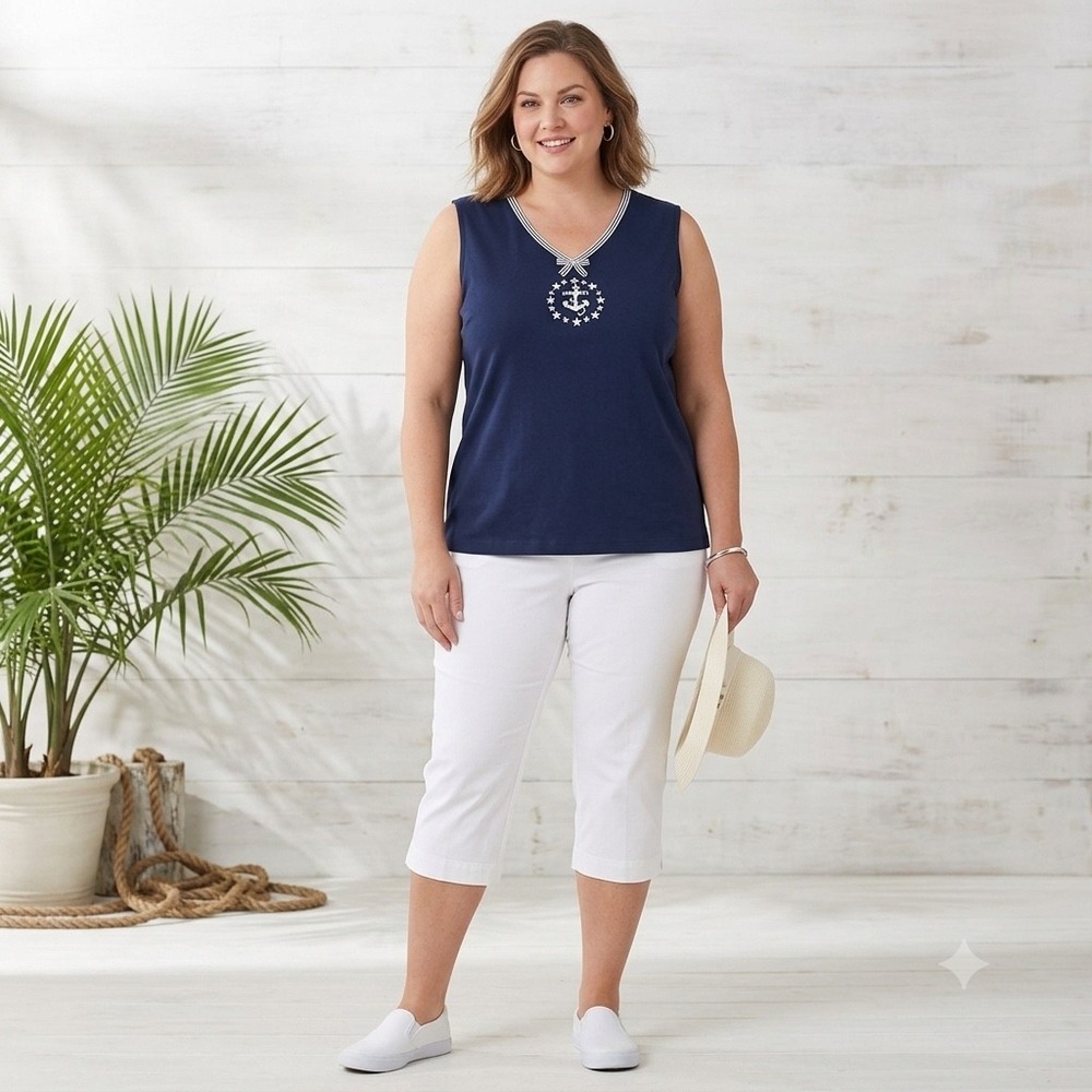 Wms Y2K Nautical Tank Top 2X Navy Blue Anchor Star Embroidered